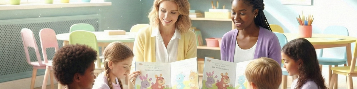 Teacher and five students reading together in a bright classroom
